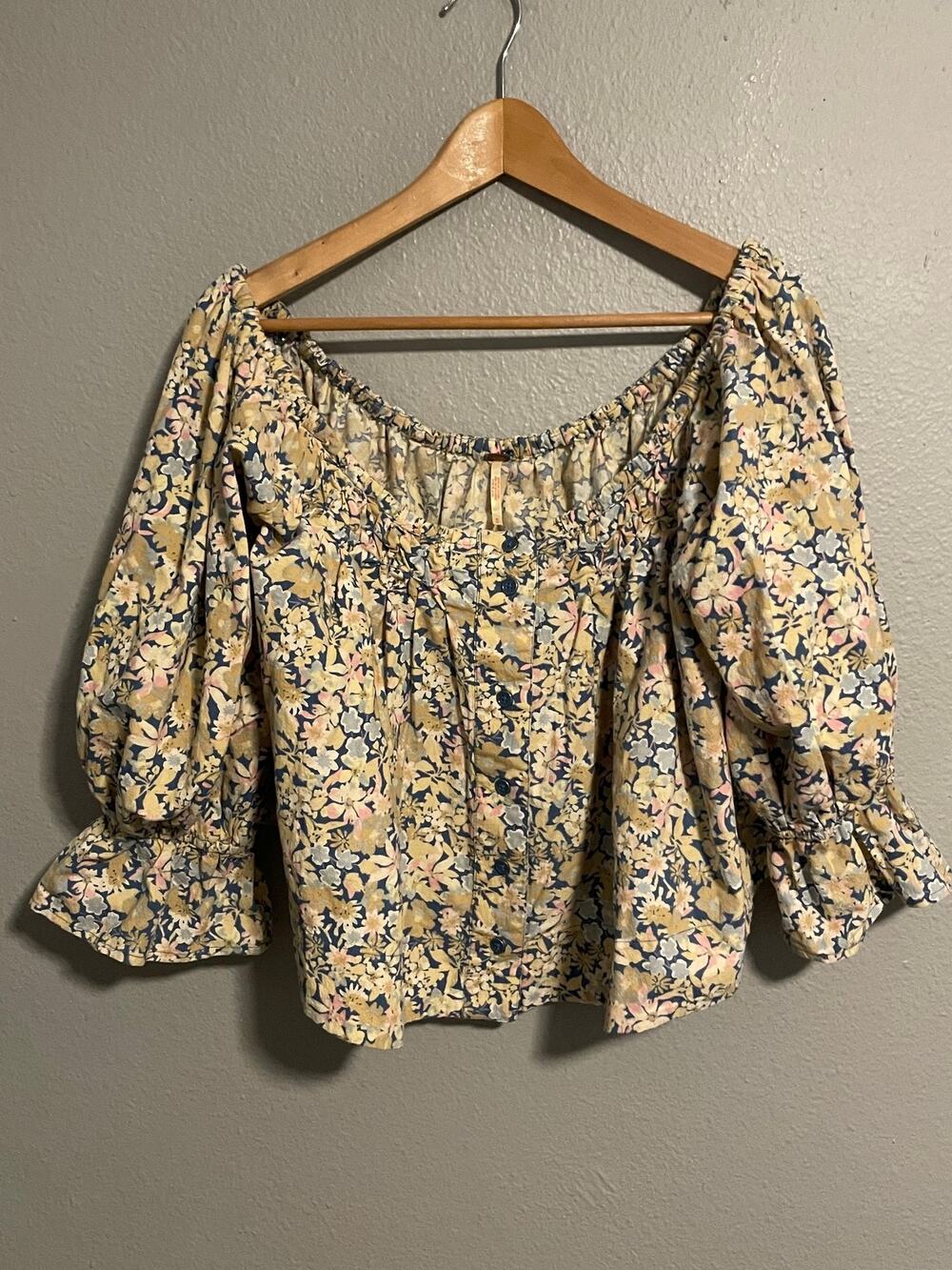 Free People Womens James Smock Medium Floral Puff Sleeve Off Shoulder Crop Fairy